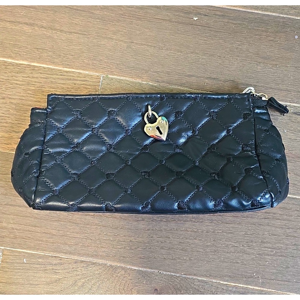 Victoria's Secret Black Quilted Wristlet Clutch Zip Heart Charm Red Lining